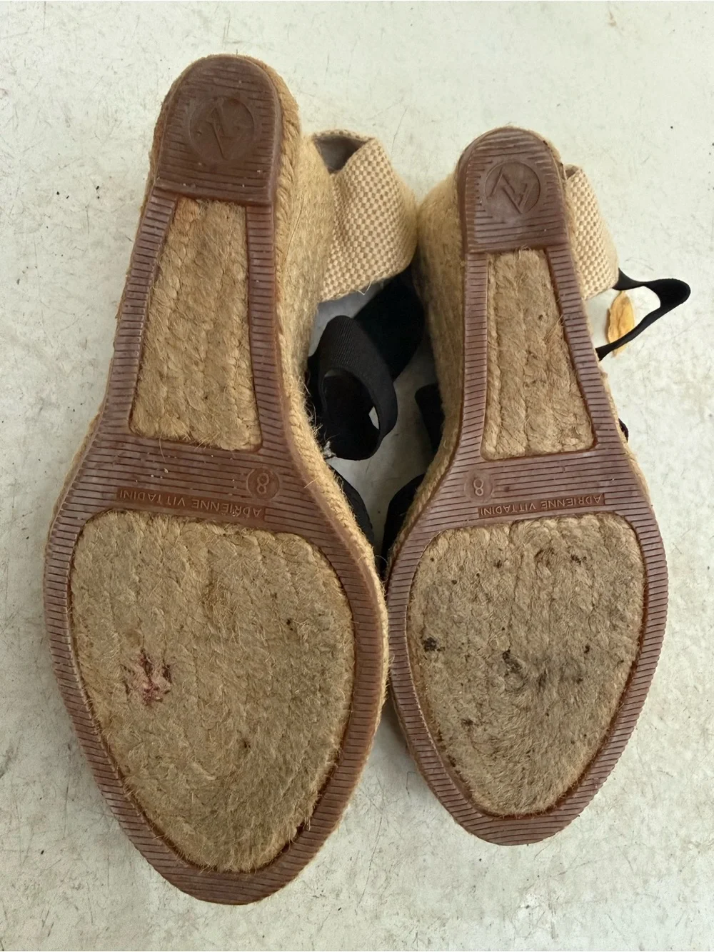 Adrienne Vittadini Black and Beige Espadrille Wedge Sandals